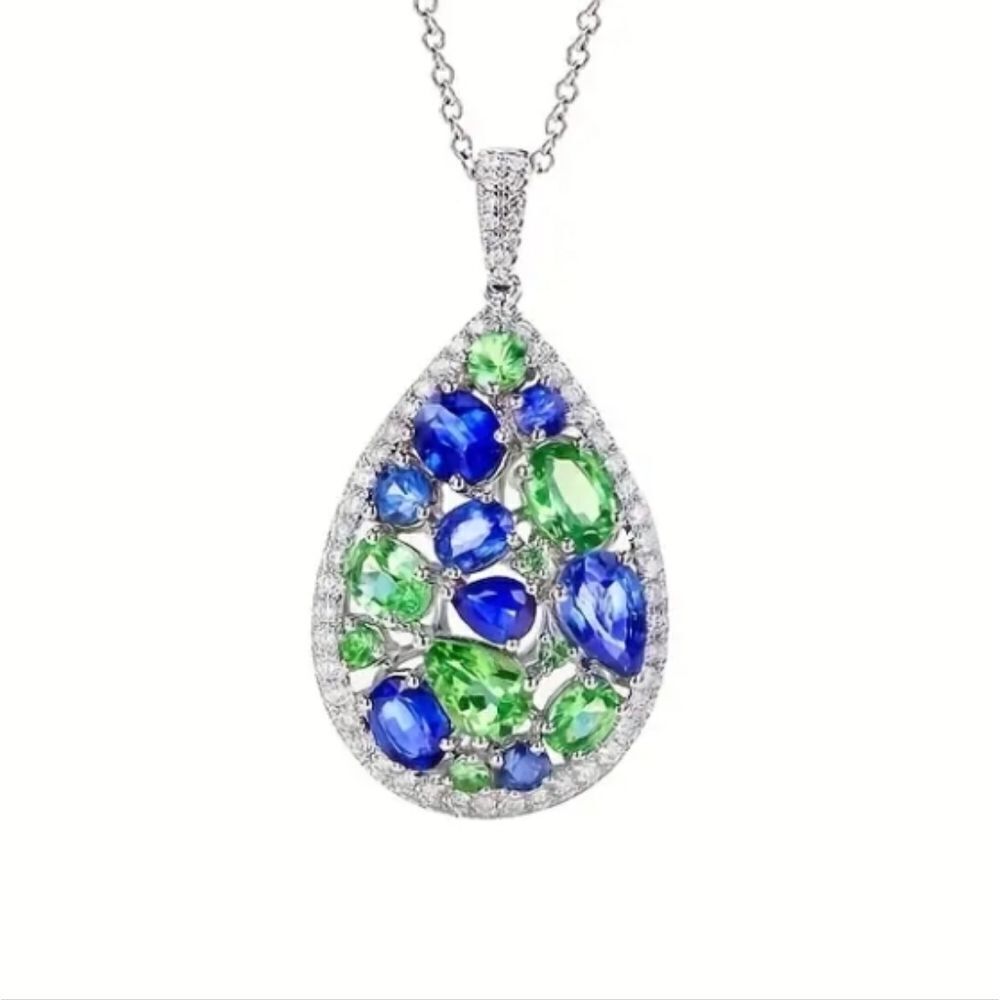 Luxurious Green Blue Diamond Tear Drop Pendant Necklace